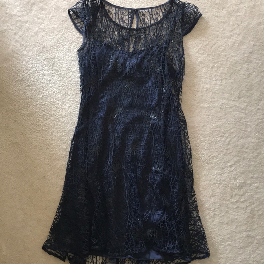 Navy lace/sequin overlay cocktail dress